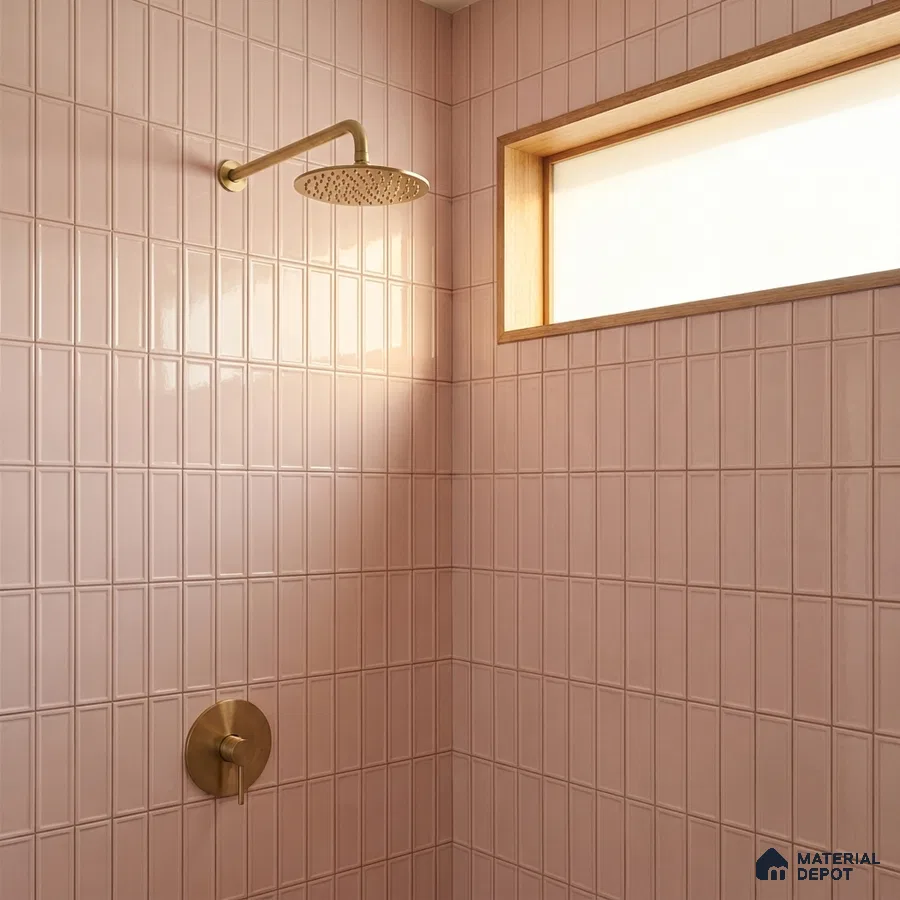 Modern Bathroom with Blush Pink Glossy Stacked Kit-Kat Tile and Brass Fixtures