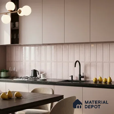 Modern Kitchen with Blush Pink Glossy Tile Backsplash and Cream Cabinets