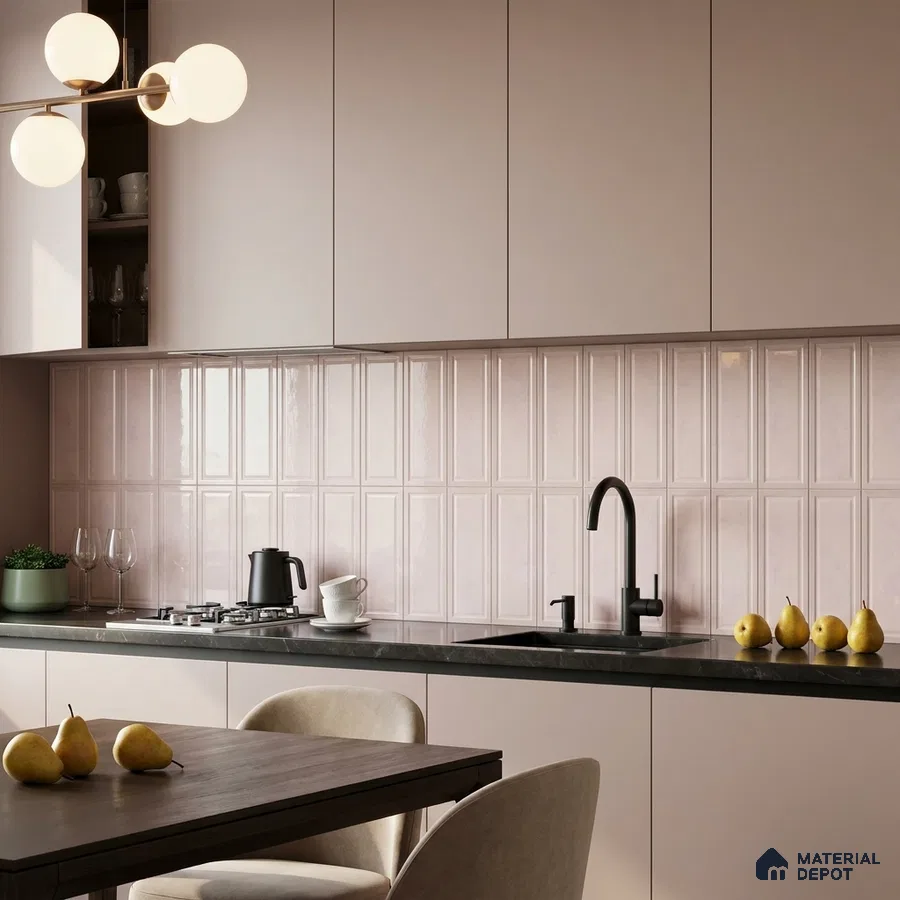 Modern Kitchen with Blush Pink Glossy Tile Backsplash and Cream Cabinets