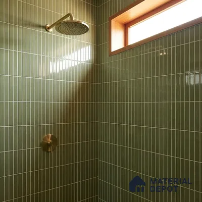 Modern Bathroom with Olive Green Glossy Stacked Kit-Kat Tile and Brass Fixtures