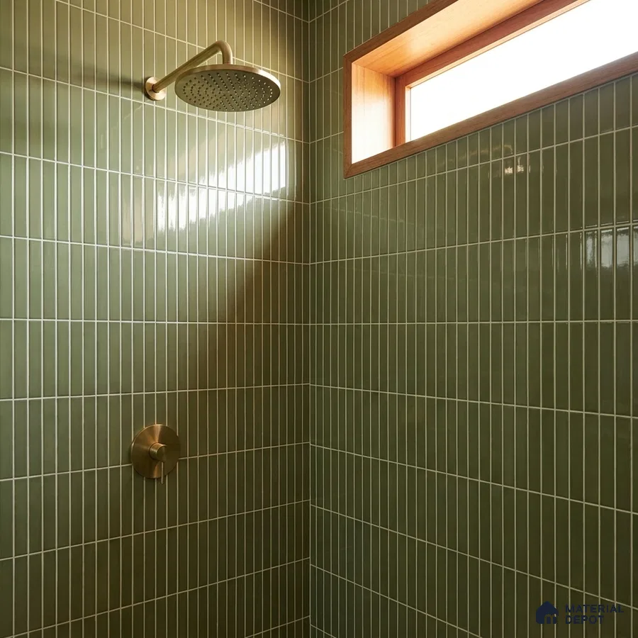 Modern Bathroom with Olive Green Glossy Stacked Kit-Kat Tile and Brass Fixtures