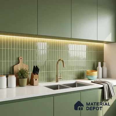 Modern Kitchen with Olive Green Glossy Kit-Kat Backsplash Tile and Sage Cabinets