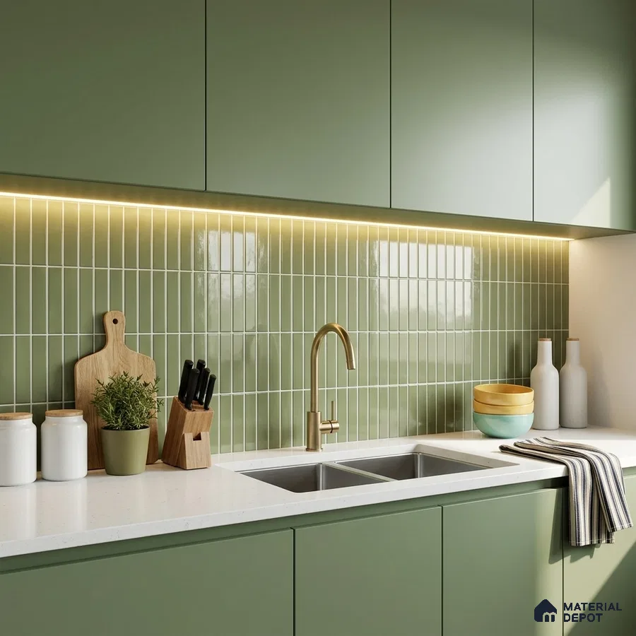 Modern Kitchen with Olive Green Glossy Kit-Kat Backsplash Tile and Sage Cabinets