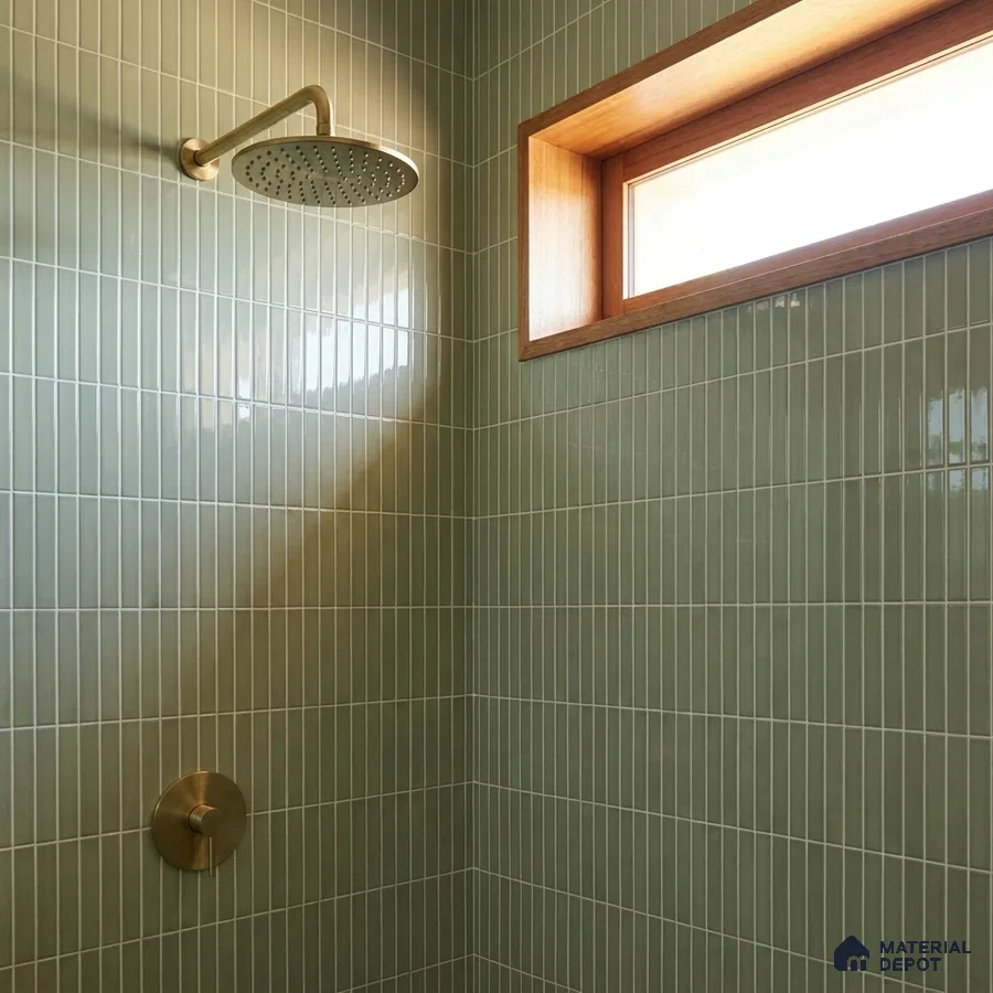 Modern Bathroom with Sage Green Glossy Stacked Kit-Kat Tile and Brass Fixtures