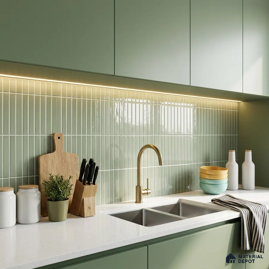 Modern Kitchen with Sage Green Glossy Kit-Kat Backsplash Tile and Sage Cabinets