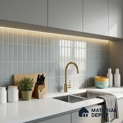 Modern Kitchen with Light Grey Glossy Kit-Kat Backsplash Tile and Grey Cabinets