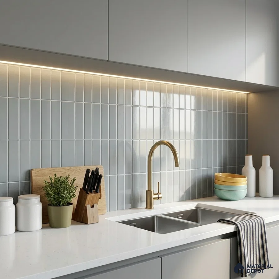 Modern Kitchen with Light Grey Glossy Kit-Kat Backsplash Tile and Grey Cabinets