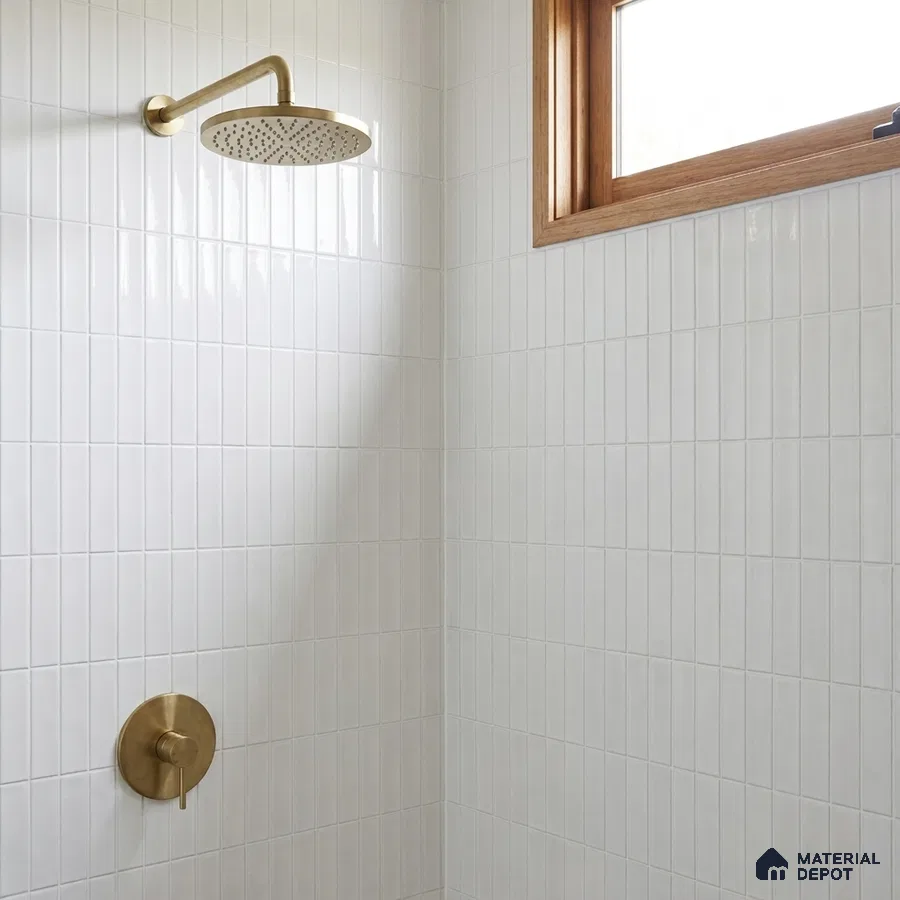 Modern Bathroom with White Glossy Stacked Kit-Kat Tile and Brass Fixtures