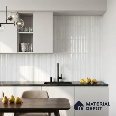 Modern Kitchen with White Glossy Kit-Kat Backsplash Tile and White Cabinets