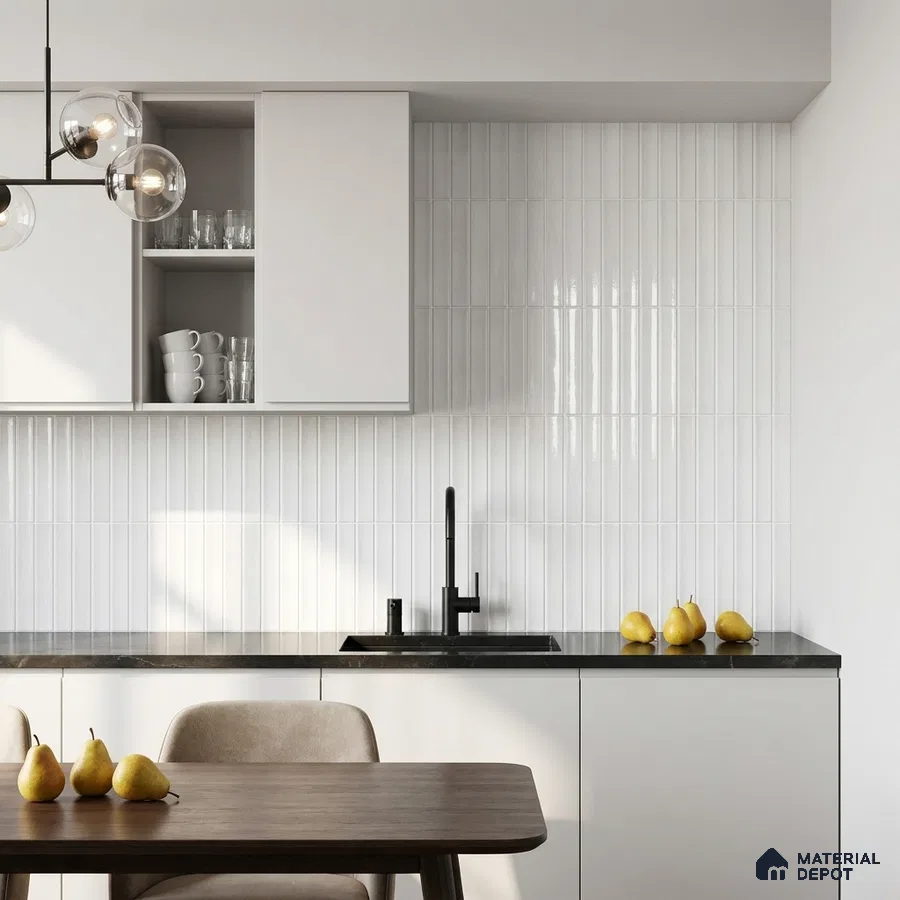 Modern Kitchen with White Glossy Kit-Kat Backsplash Tile and White Cabinets