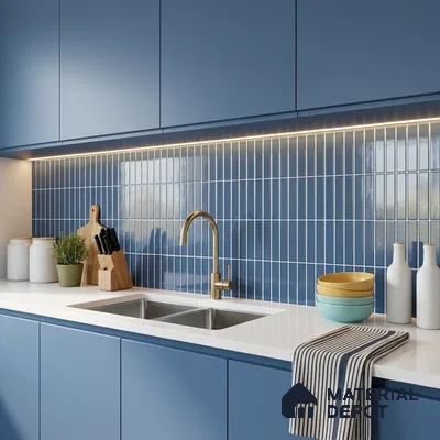 Modern Kitchen with Ocean Blue Glossy Kit-Kat Backsplash Tile and Blue Cabinets