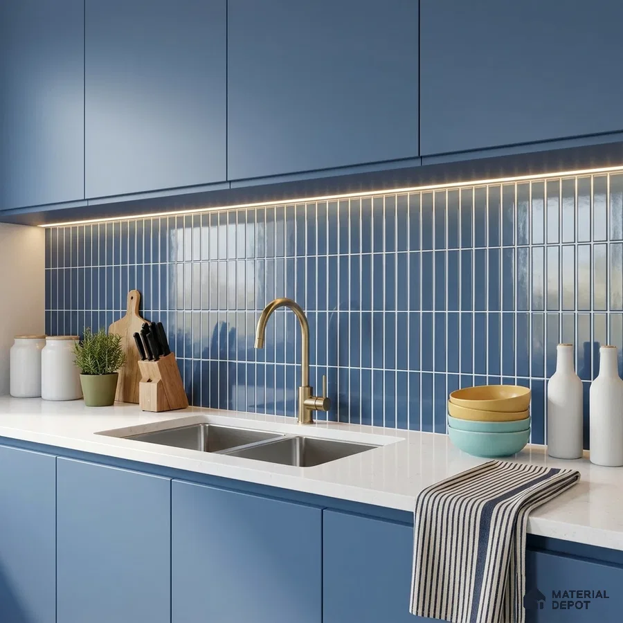 Modern Kitchen with Ocean Blue Glossy Kit-Kat Backsplash Tile and Blue Cabinets