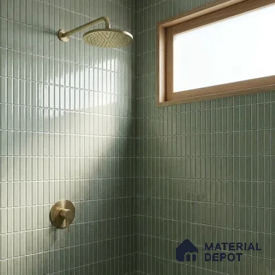 Modern Bathroom with Sage Green Glossy Stacked Kit-Kat Tile and Brass Fixtures