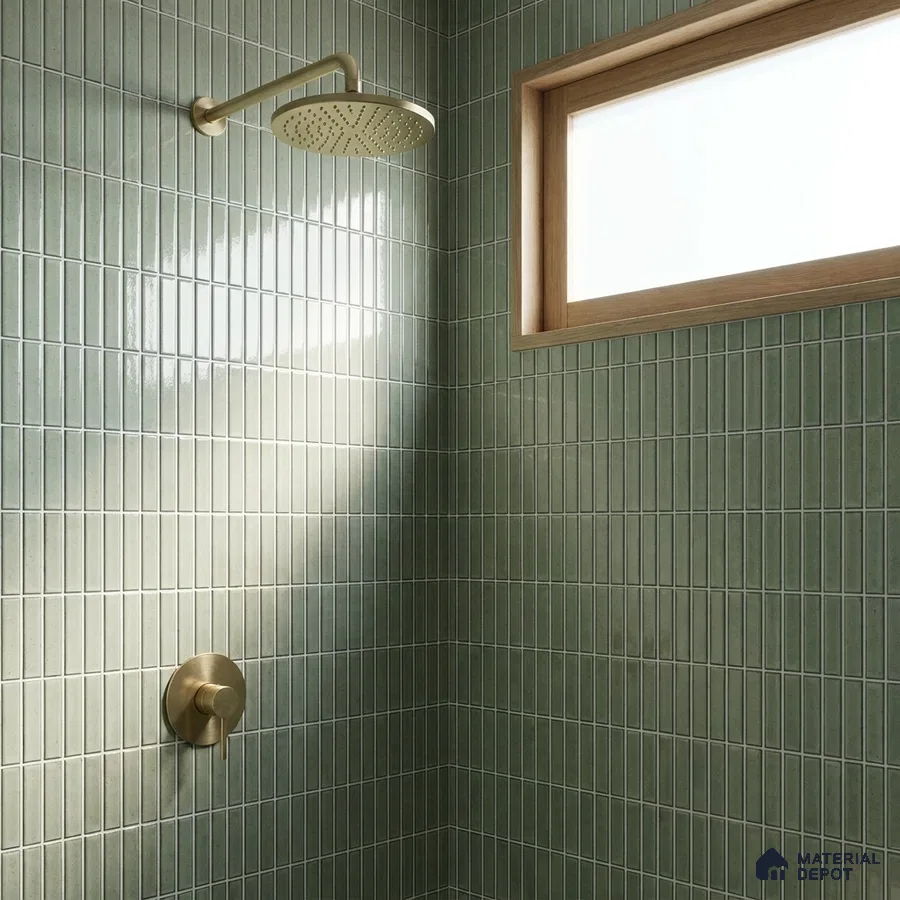 Modern Bathroom with Sage Green Glossy Stacked Kit-Kat Tile and Brass Fixtures