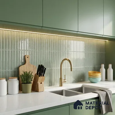 Modern Kitchen with Sage Green Glossy Kit-Kat Backsplash Tile and Sage Cabinets