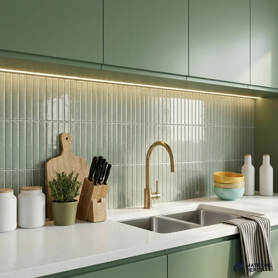 Modern Kitchen with Sage Green Glossy Kit-Kat Backsplash Tile and Sage Cabinets