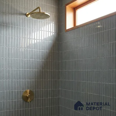 Modern Bathroom with Slate Grey Glossy Stacked Kit-Kat Tile and Brass Fixtures