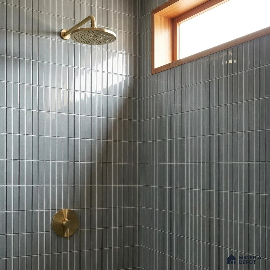 Modern Bathroom with Slate Grey Glossy Stacked Kit-Kat Tile and Brass Fixtures