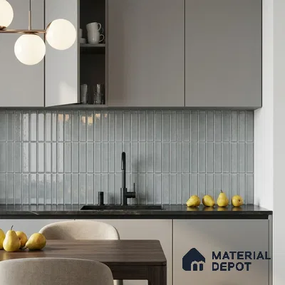 Modern Kitchen with Blue Grey Glossy Kit-Kat Backsplash Tile and Grey Cabinets