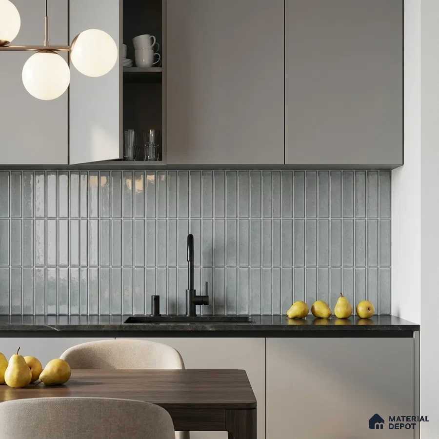 Modern Kitchen with Blue Grey Glossy Kit-Kat Backsplash Tile and Grey Cabinets