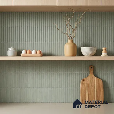 Japandi Kitchen with Sage Green Matte Fluted Kit-Kat Backsplash Tile and Oak Shelf