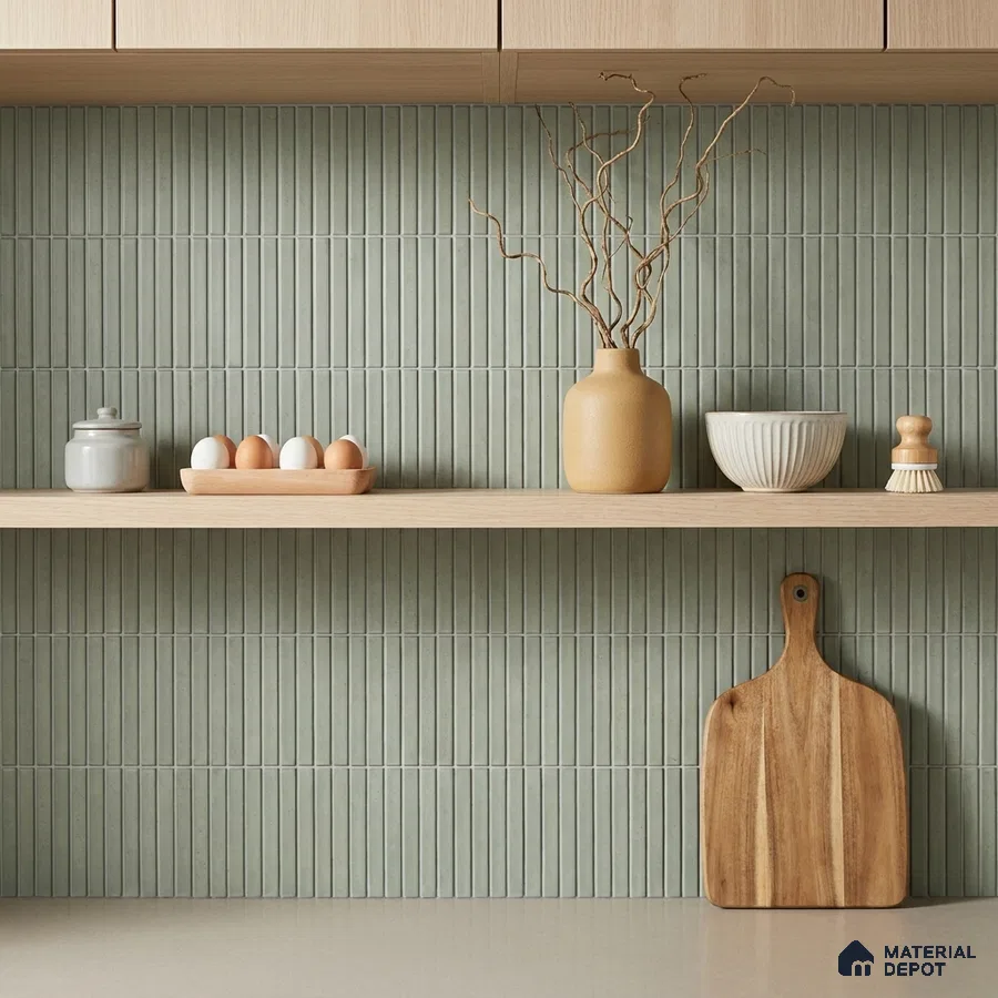 Japandi Kitchen with Sage Green Matte Fluted Kit-Kat Backsplash Tile and Oak Shelf