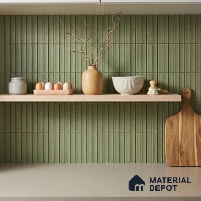 Japandi Kitchen with Olive Green Matte Fluted Kit-Kat Backsplash Tile and Oak Shelf