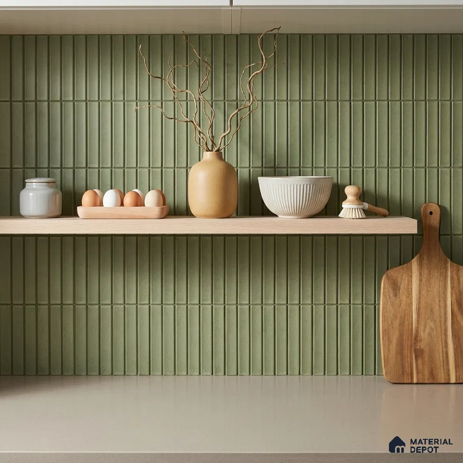 Japandi Kitchen with Olive Green Matte Fluted Kit-Kat Backsplash Tile and Oak Shelf
