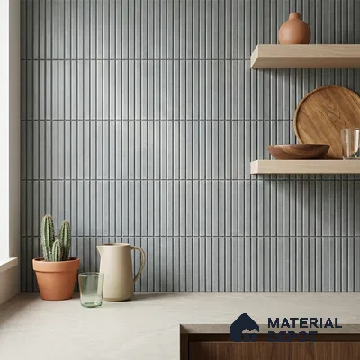 Minimalist Kitchen with Light Grey Matte Fluted Kit-Kat Backsplash Tile and Oak Shelves