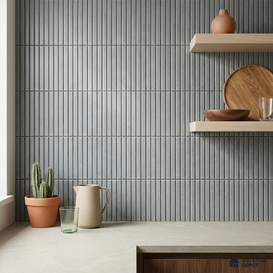 Minimalist Kitchen with Light Grey Matte Fluted Kit-Kat Backsplash Tile and Oak Shelves