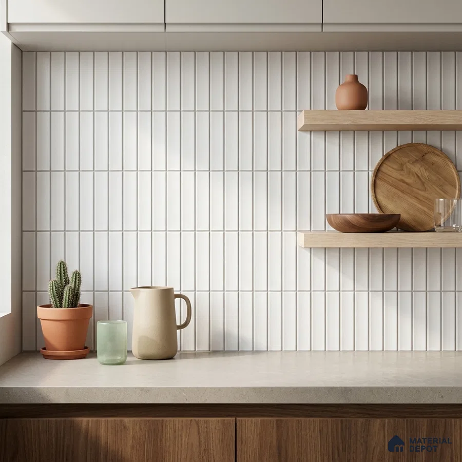 Scandinavian Kitchen with Milky White Matte Kit-Kat Backsplash Tile