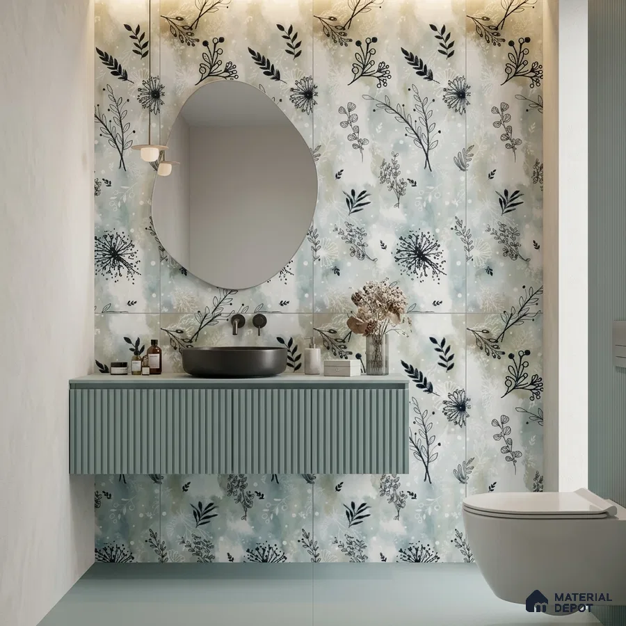 Modern bathroom with floral patterned wall tiles and pastel blue fluted vanity