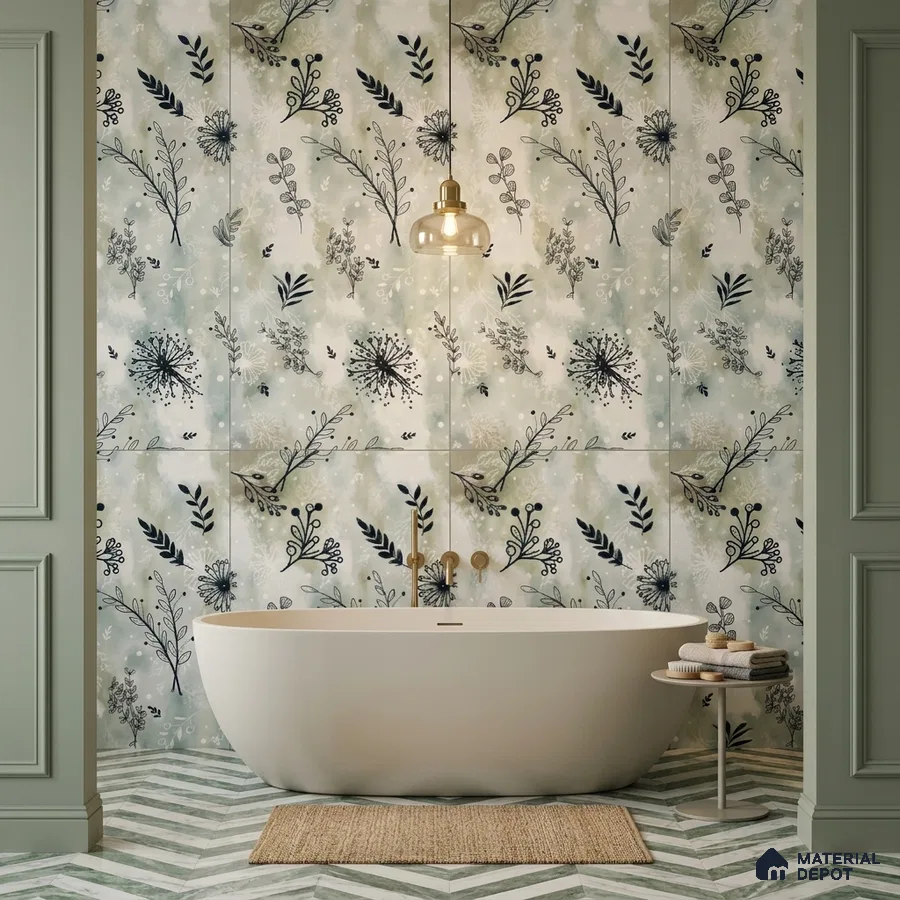 Modern bathroom with floral patterned wall tiles and chevron green-and-white floor tiles