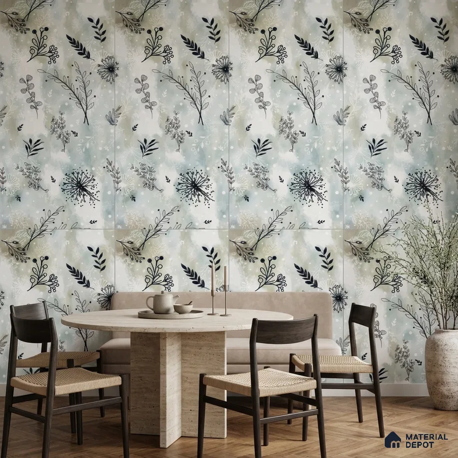 Scandinavian dining room with floral patterned tile and travertine dining table