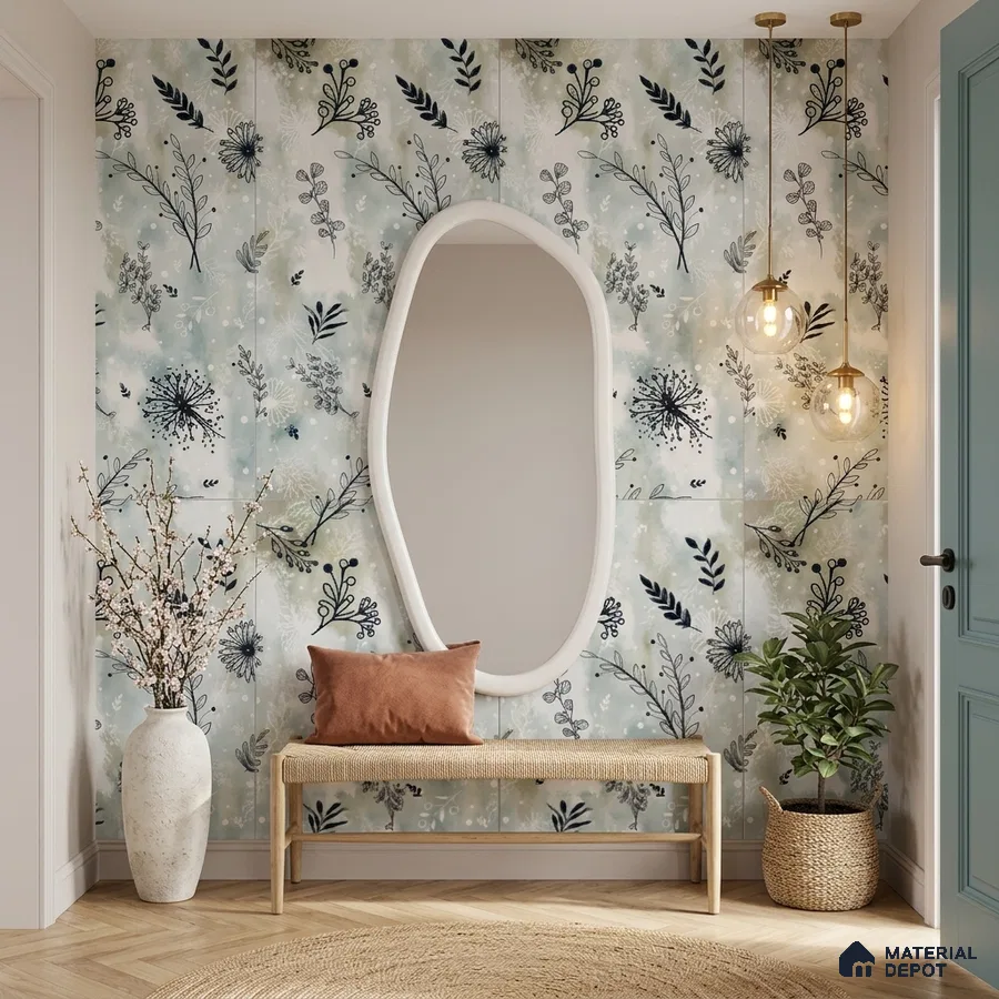 Scandinavian foyer with floral tile, natural wood bench, and herringbone wooden flooring