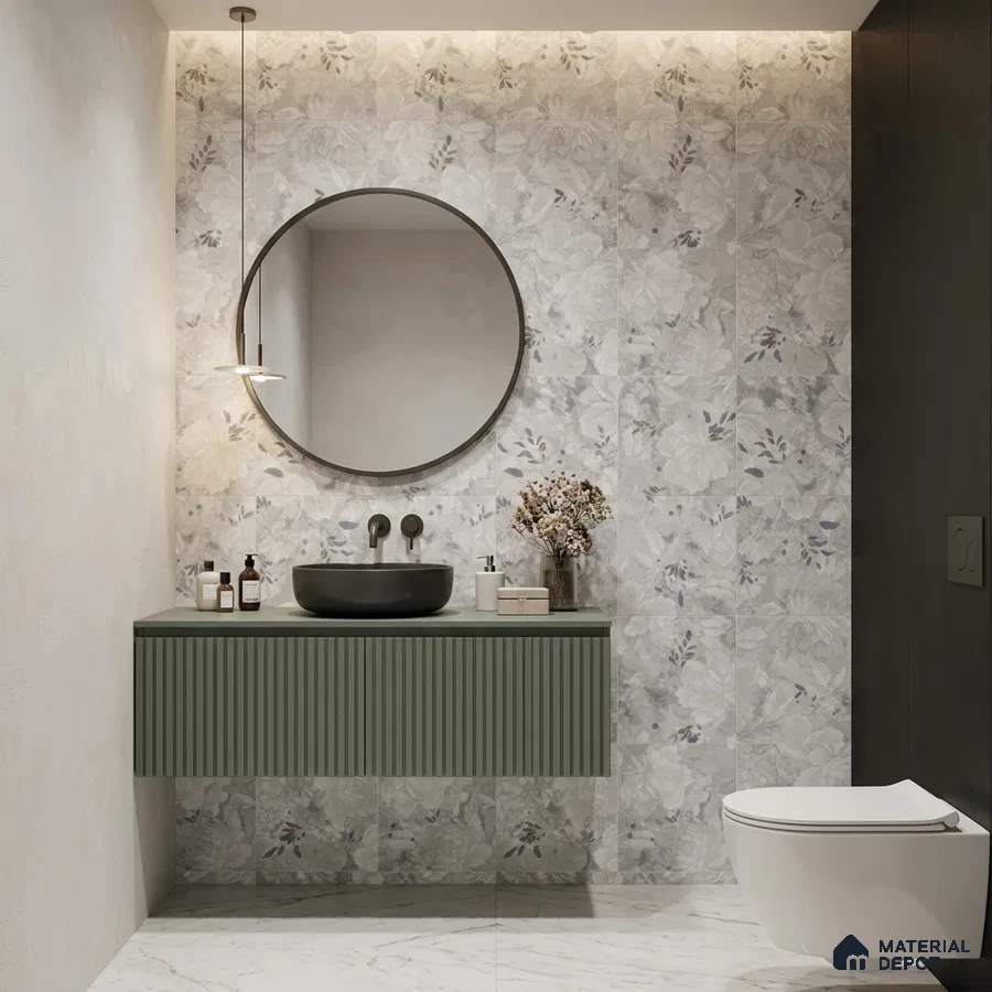 Modern bathroom with floral patterned wall tiles, sage green fluted vanity, and marble floor tiles