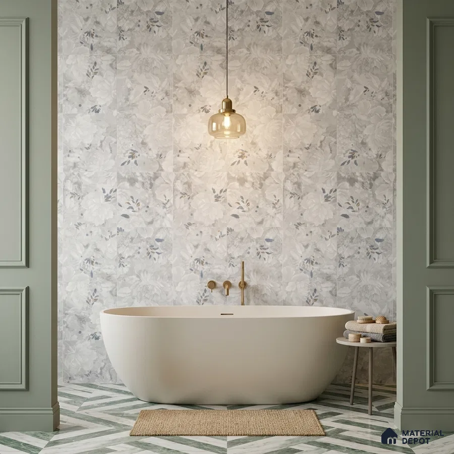 Modern bathroom with floral wall tiles and green chevron patterned floor tiles