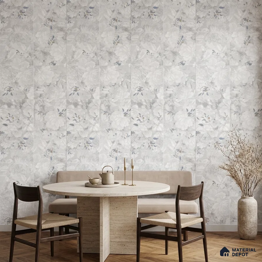 Scandinavian dining room with floral patterned tile and travertine dining table