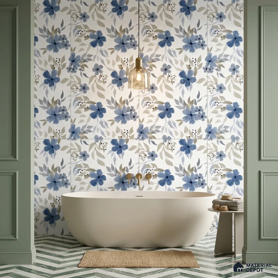 Modern bathroom with blue floral wall tiles and chevron green floor tiles
