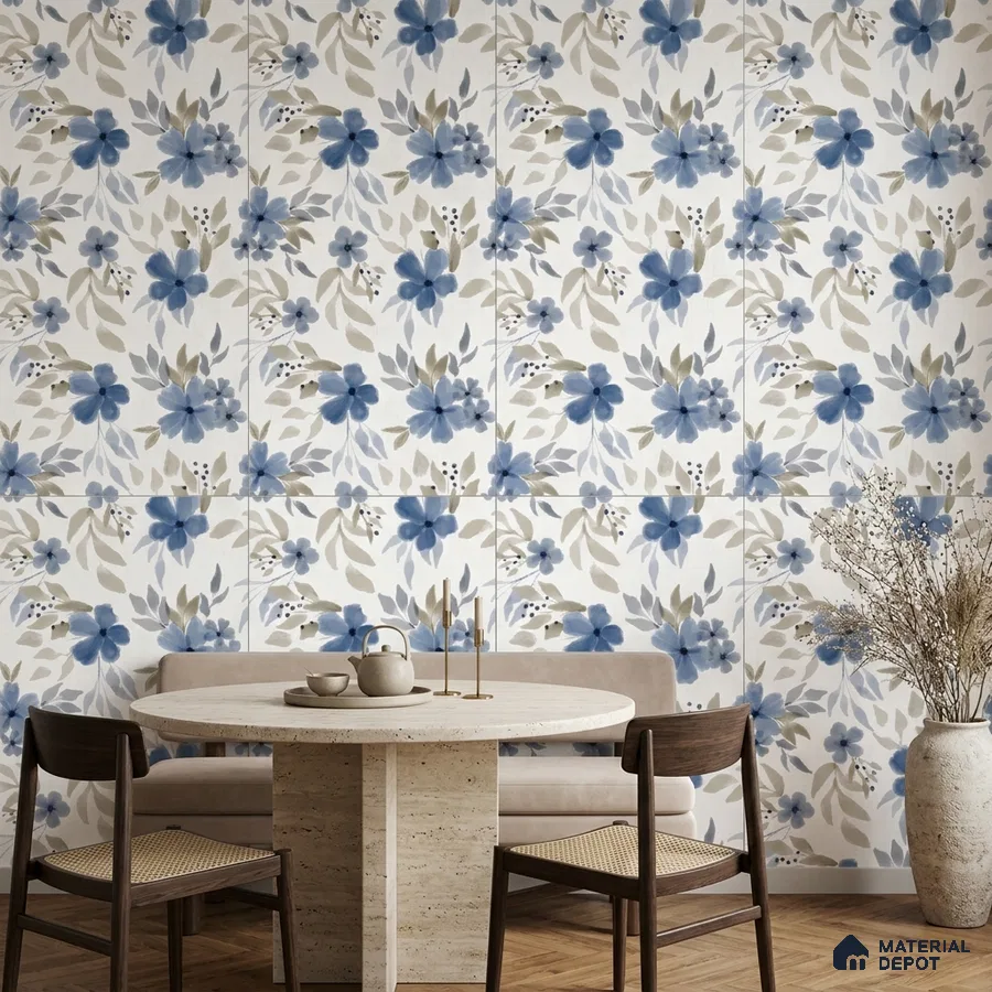 Scandinavian dining room with blue floral tile and travertine dining table