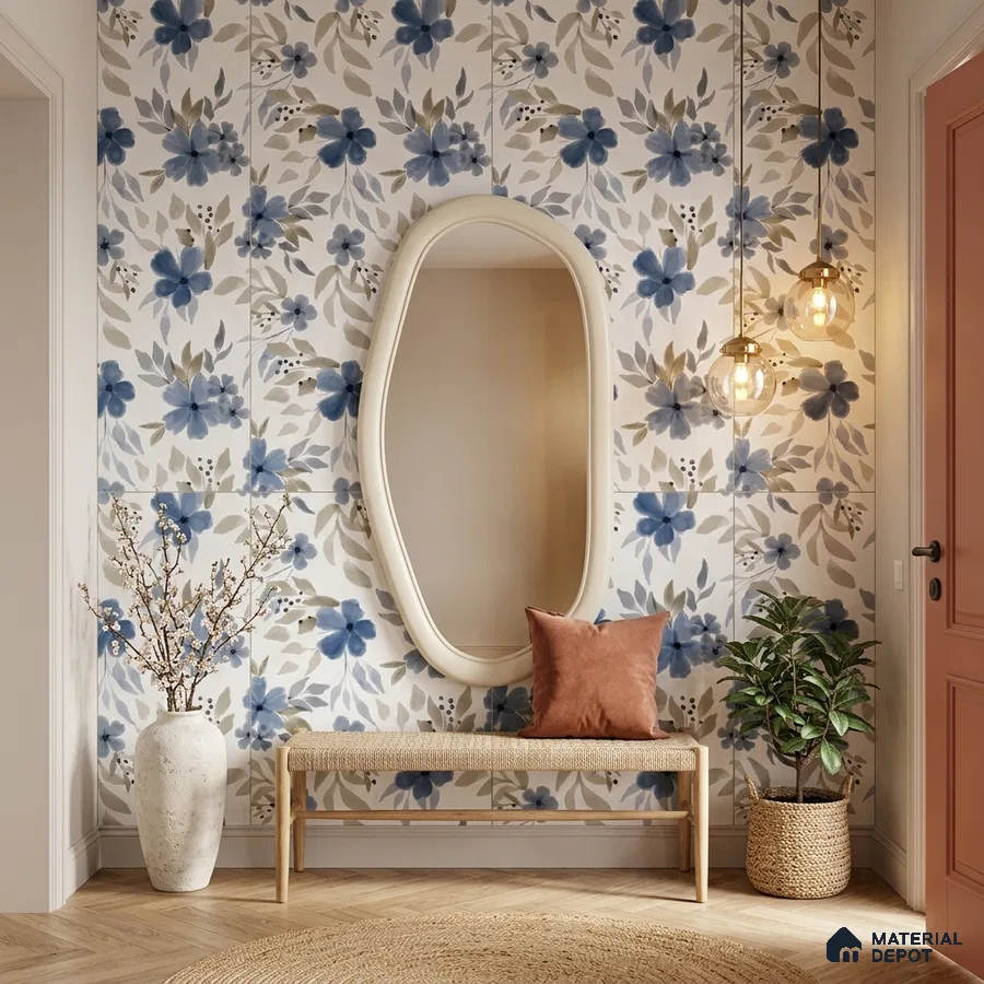 Scandinavian foyer with blue floral tile, natural wood bench, and herringbone wooden flooring