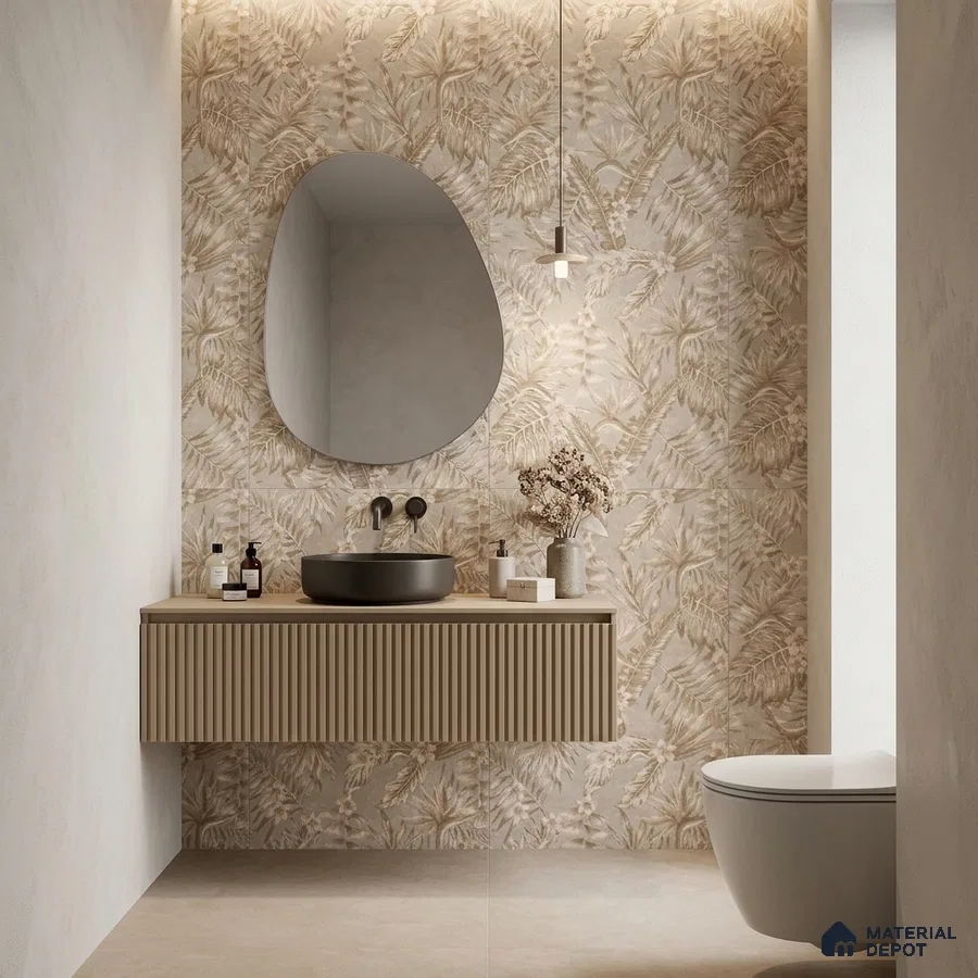 Minimalist bathroom with beige tropical patterned wall tile and fluted vanity laminate