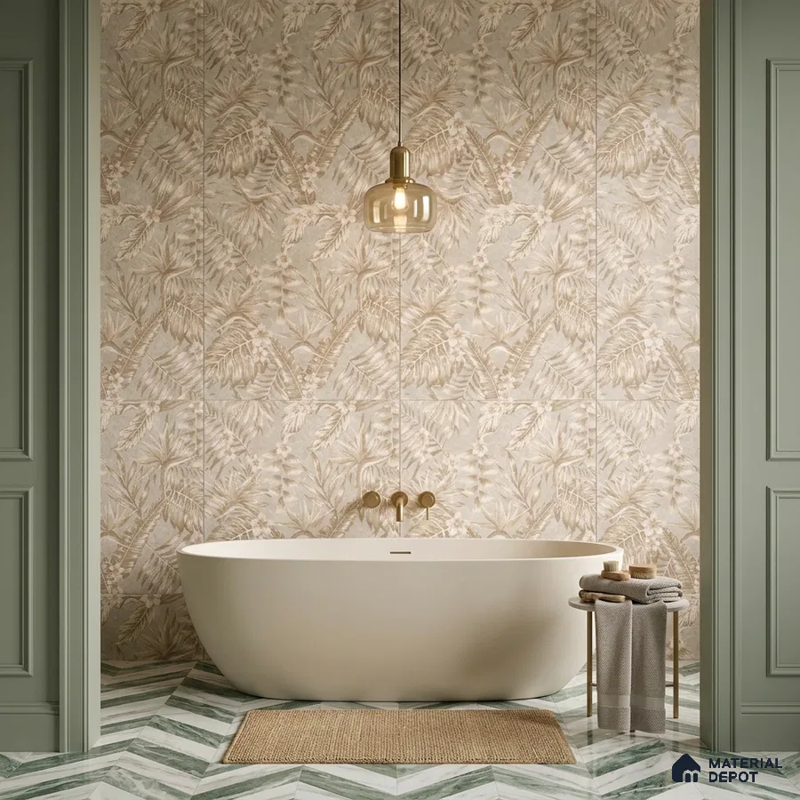 Modern bathroom with beige tropical patterned wall tiles and green chevron marble floor tiles