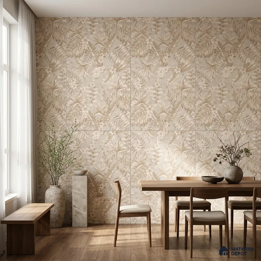Scandinavian dining room with beige tropical tile and natural wood flooring