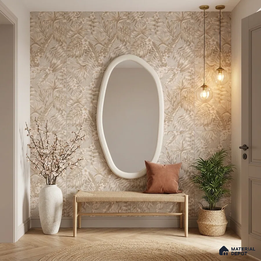 Scandinavian foyer with beige botanical tile and natural wood bench