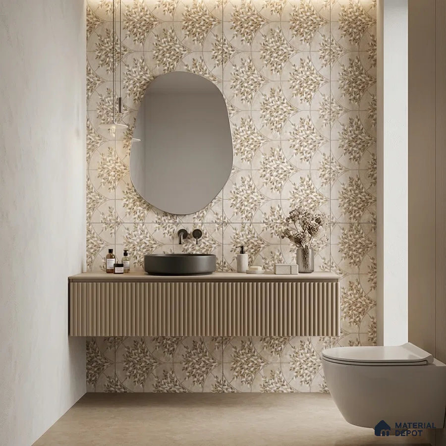 Modern bathroom with beige floral patterned wall tiles and fluted vanity laminate