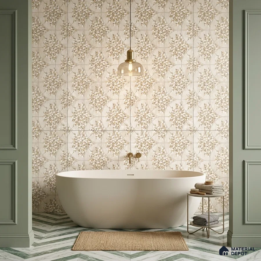 Modern bathroom with beige floral patterned wall tiles and chevron green marble floor tiles