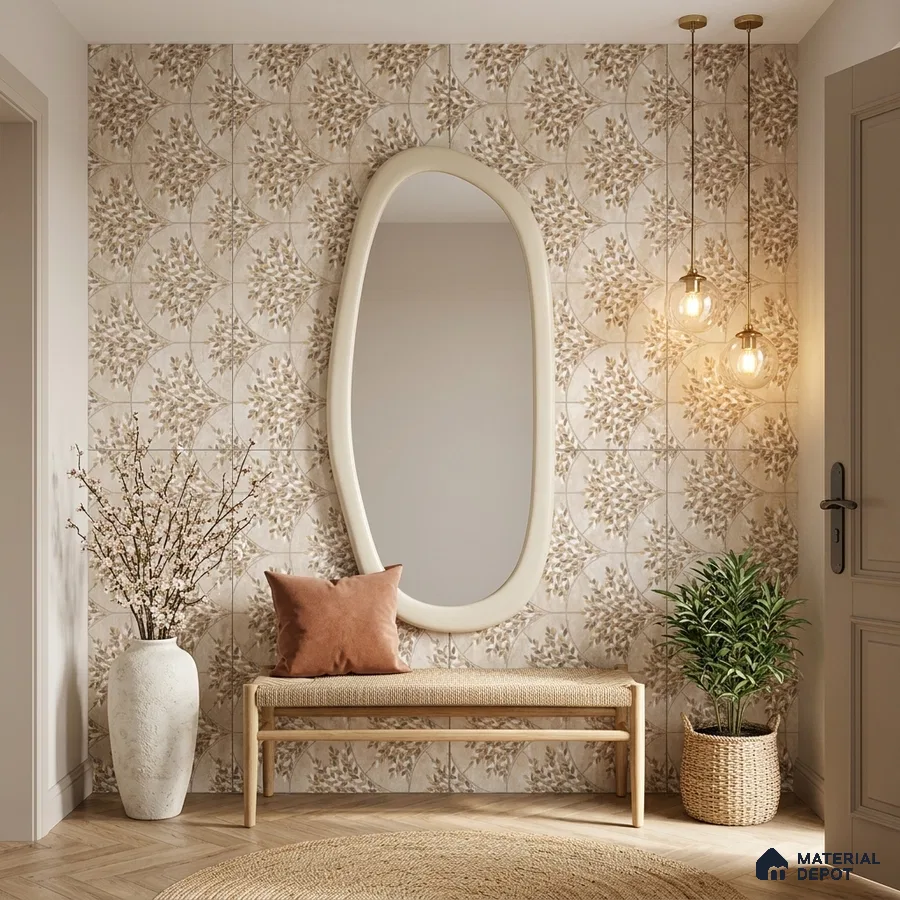 Scandinavian foyer with beige floral patterned tile and natural wood bench
