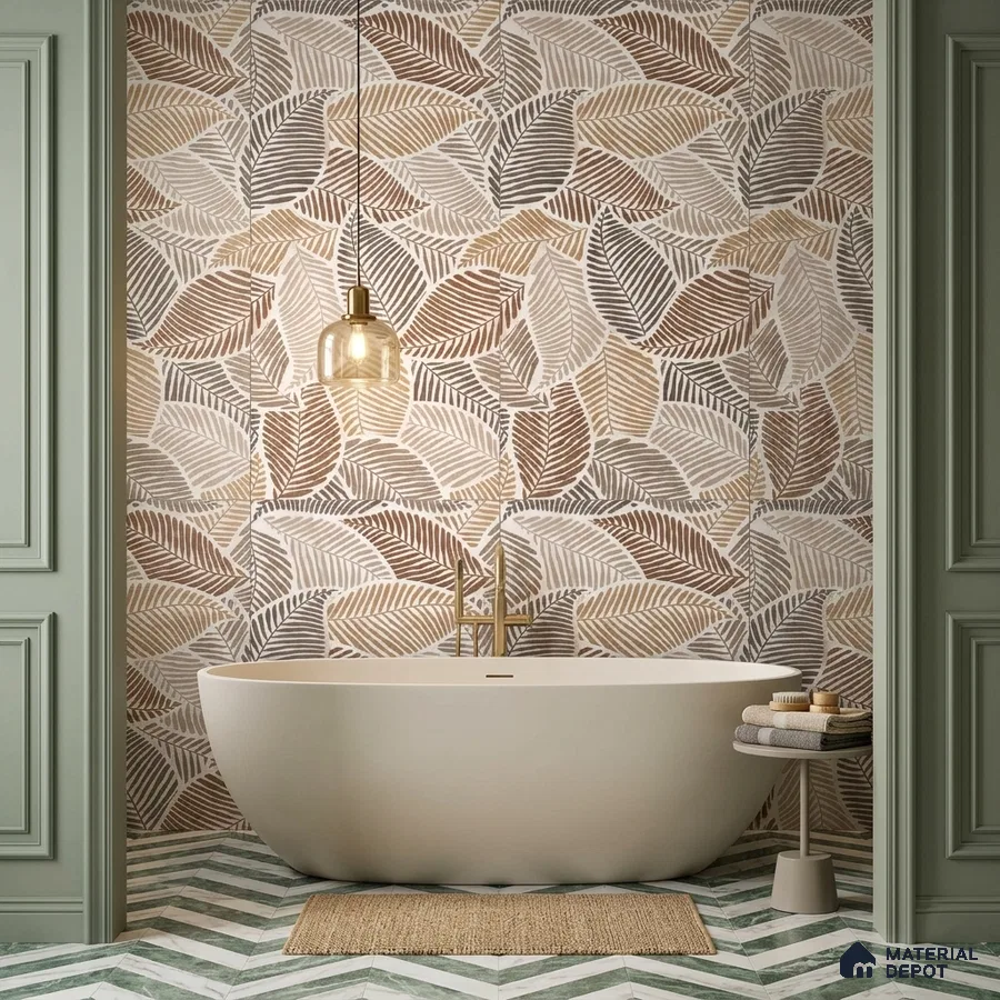Modern bathroom with leaf patterned wall tiles and chevron marble floor tiles