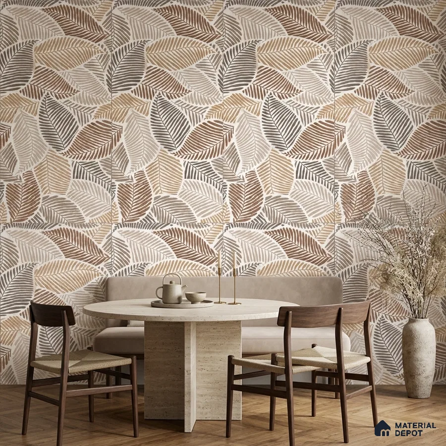 Scandinavian dining room with leaf patterned tile and travertine dining table